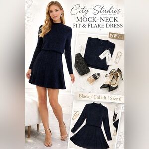 City Studios Mock-Neck Blouson Fit & Flare Dress Black Cobalt S NWT